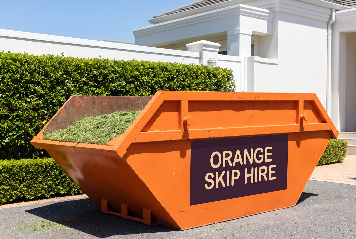 AI illustration: orange branded skip holding garden cuttings beside a well-kept home and garden.